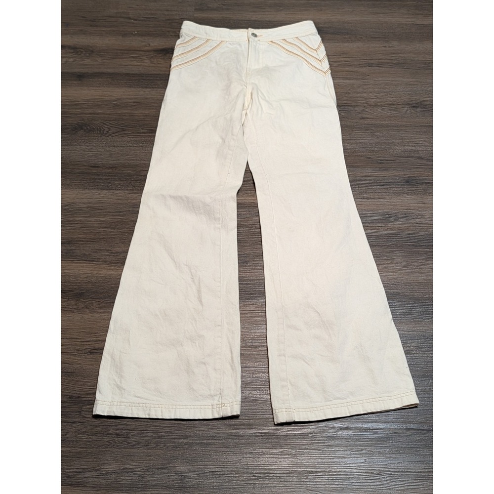 We The Free Free People Ivory Flare Jeans 26 Embroidered Hip Detail Cream 70s